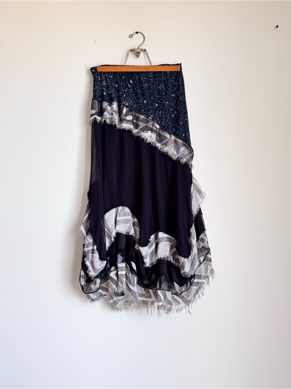Y2K Patchwork Asymmetric Frayed Trim Maxi Skirt Navy Black Boho Size S